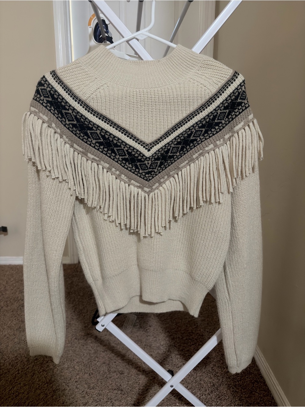 Fringe Yoke Knit Sweater - Cream